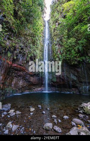 Der wunderschöne Weg PR6 Levada das 25 Fontes auf Madeira während der Sommersaison. Portugal. Stockfoto