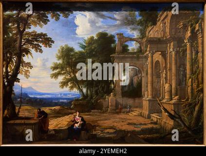 Landschaft mit dem Rest auf dem Flug nach Ägypten, 1652, Pierre Patel (ca. 1605–1676), die National Gallery, London, Großbritannien Stockfoto