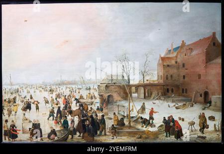 A Scene on the Ice Near a Town, um 1615, Hendrick Avercamp (1585–1634), The National Gallery, London, UK Stockfoto