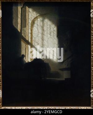 Ein Mann, der an einem Tisch in einem Lofty Room saß, um 1628–1630, Follower of Rembrandt (1606–1669), The National Gallery, London, Großbritannien Stockfoto