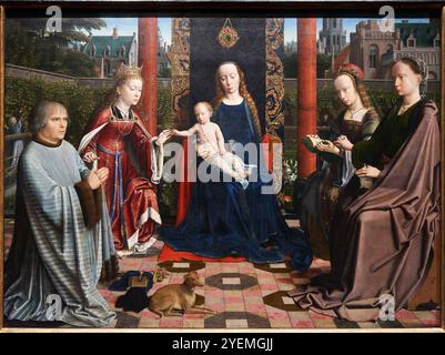 Die Jungfrau und das Kind mit Heiligen und Spender, wahrscheinlich 1510, Gerard David (aktiv 1484; gestorben 1523), National Gallery, London, Großbritannien Stockfoto