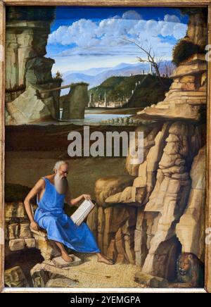 Saint Jerome Reading in a Landscape, ca. 1480–1485, Giovanni Bellini (ca. 1435–1516), The National Gallery, London, UK Stockfoto