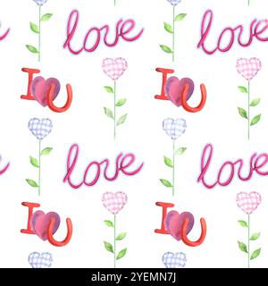 "Liebe und ich liebe dich" und "Herzblumen". Aquarellillustration, nahtloses Muster auf weißem Hintergrund. Für Design, Dekoration, Souven Stockfoto