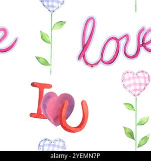 "Liebe und ich liebe dich" und "Herzblumen". Aquarellillustration, nahtloses Muster auf weißem Hintergrund. Für Design, Dekoration, Souven Stockfoto
