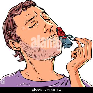 Mann rasiert sich mit einem Rasenmäher. Falsche Methoden der Gesichtshaut-Pflege. Qualität und Leistungsfähigkeit eines neuen Rasenmähers. Comic-Comic-Pop-Art-Retro-Vektor Stock Vektor