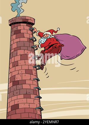 Der Weihnachtsmann klettert den Kamin hoch. Der kommende Feiertag ist Neujahr. Das Symbol des Winters bringt Geschenke. Comic Cartoon Pop Art Retro Vektor Illustration Stock Vektor