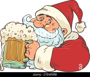 Der Weihnachtsmann hält ein Glas schaumiges Ale. Neujahr in Bars und Restaurants. Lieferung köstlicher für Weihnachten und Feiertage. Stock Vektor