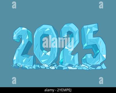 Neujahr und Weihnachten 2025. Nummer 2025 aus blauem Eis. Werbung für Unternehmen für das nächste Jahr und Veranstaltungen im Winter. Comic-Comic-Pop-Art Stock Vektor