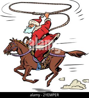 Schnelle Auswahl an Artikeln in Neujahr und Weihnachten. Kunden versuchen, Geschenke zu kaufen. Der Weihnachtsmann reitet mit einem Lasso auf einem Pferd. Comic-Comic-Pop-Art-Retro-Vektor-Illus Stock Vektor