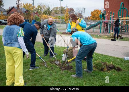 Detroit, Michigan - die gemeinnützige Greening of Detroit pflanzt Bäume im Stadtviertel Morningside. Die Arbeit wurde von Freiwilligen geleistet, viele von General Stockfoto