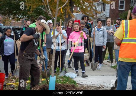 Detroit, Michigan - die gemeinnützige Greening of Detroit pflanzt Bäume im Stadtviertel Morningside. Die Arbeit wurde von Freiwilligen geleistet, die sich ein ihnen angeschaut haben Stockfoto