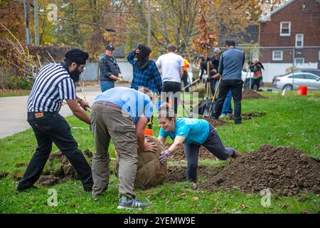 Detroit, Michigan - die gemeinnützige Greening of Detroit pflanzt Bäume im Stadtviertel Morningside. Die Arbeit wurde von Freiwilligen geleistet, viele von General Stockfoto