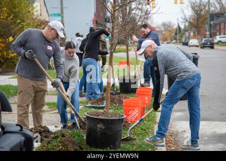 Detroit, Michigan - die gemeinnützige Greening of Detroit pflanzt Bäume im Stadtviertel Morningside. Die Arbeit wurde von Freiwilligen aus mehreren Organen durchgeführt Stockfoto