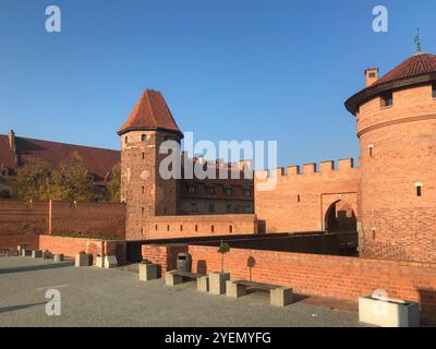 Die burg in Malbork, Marienburg vom Fluss Nogat aus gesehen. Deutsche Ritterarchitektur in Polen. Stockfoto