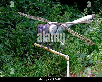 Große Dragonfly-Kunstwerke aus Metall auf der Forest Farm in Südwales. Vom Juli 2024 Stockfoto