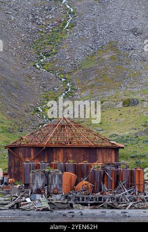 Blick auf die verlassene Walfangstation im Prince Olav Harbor in Südgeorgien im südlichen Ozean. Stockfoto