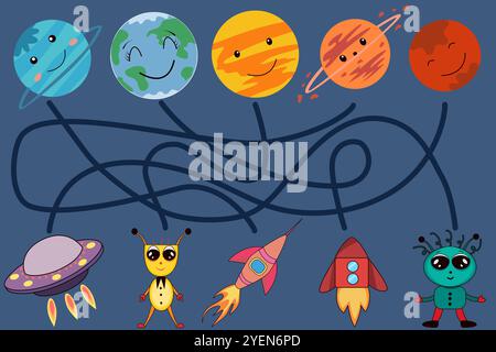 Kinderlogikspiel, um das Labyrinth zu passieren. Weltraumlabyrinth, Planeten und Außerirdische. Lernspiel. Kindergartenunterricht, Unterricht, Unterricht, Lernen Stock Vektor