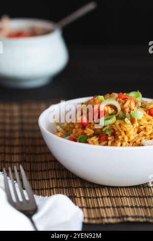 Eine weiße Schüssel gefüllt mit Reis und zartem Fleisch, garniert mit frischen Tomatenstückchen, in Scheiben geschnittenen Zwiebeln und Petersilie. Das Essen sitzt auf einem Bambus-Tischset, W Stockfoto