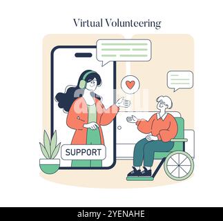 Virtual Volunteering-Konzept. Digitale Hilfe über ein Smartphone, das einen Helfer und eine Bedürftige verbindet. Online-Support, barrierefreie Unterstützung. Vektorabbildung. Stock Vektor