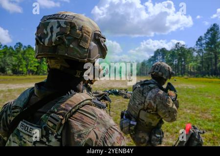 Soldaten der US-Armee, die dem 9. Infanterie-Bataillon, dem 2. Panzerbrigade Combat Team, der 3. Infanterie-Division, zugewiesen wurden, setzen während ihrer Mission in Fort Stewart, Georgia, am 20. Oktober 2024 eine Rauchgranate ein. Das 2. Panzerbrigade-Kampfteam „Spartans“ der 3. Infanterie-Division wird Spartan Density durchführen, eine monatelange Reihe umfassender Trainingsereignisse, die darauf abzielen, die Kampfbereitschaft in mehreren Bereichen zu verbessern. (Foto der US-Armee von Sgt Anthony Ford) Stockfoto