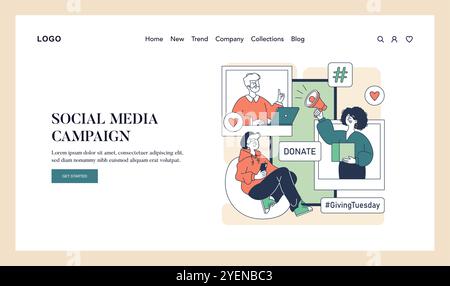 Gebenden Dienstag Konzept. Einzelpersonen beteiligen sich an einer digitalen Wohltätigkeitsveranstaltung, bei der Spenden und soziale Medien gefördert werden. Vektorabbildung. Stock Vektor