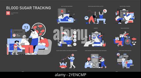 Blutzucker-Tracking-Set. Diabetesmanagement durch tägliche Glukosetests und Lifestyle-Anpassungen. Vektorabbildung. Stock Vektor