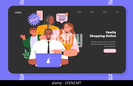 Cyber Monday-Konzept. Vielfältige Familienmitglieder, die Online-Shopping betreiben und Angebote auf einer digitalen Plattform finden. Verkauf, Wagen und Elektronik. Vektorabbildung. Stock Vektor
