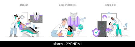 Arztbesuche Set. Pädiatrische Zahnarztuntersuchung, Schilddrüsenbeurteilung und virologische Prüfung. Kinder, die Gesundheitsdienstleistungen erhalten. Vektorabbildung. Stock Vektor