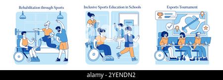 Sport für Behinderte. Illustrationen zu Rehabilitation, inklusiver Bildung und einem E-Sport-Turnier. Motivieren Sie verschiedene Athleten in inspirierende Aktivitäten. Vektorabbildung. Stock Vektor