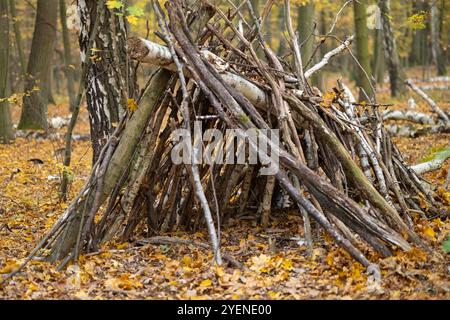 Handgefertigter Holzunterstand aus Stäben und Ästen in einem friedlichen Herbstwald. Zeigt traditionelle Überlebenstechniken und Bushcraft-Fähigkeiten Stockfoto