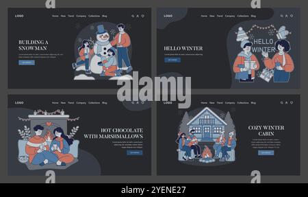 Bezaubernde Winterszenen zeigen unterhaltsame Urlaubsaktivitäten und gemütliche Zusammenkünfte mit Liebsten in dieser fröhlichen Jahreszeit Stock Vektor