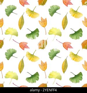 Ginkgo, Herbst Blätter nahtloses Muster isoliert auf weißem Hintergrund. Hochwertiges handgemaltes, detailliertes strukturiertes Aquarell, perfekt für Textilien Stockfoto