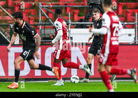 Andreas Spegelaere (25) von KMSK Deinze, dargestellt während eines Fußballspiels zwischen Antwerpen FC und KMSK Deinze während der 2. Runde der Croky Cup Saison 2024-2025, am Donnerstag, den 31. Oktober 2024 in Antwerpen, Belgien. Quelle: Sportpix/Alamy Live News Stockfoto