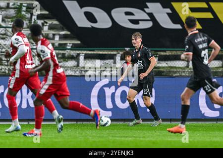 Andreas Spegelaere (25) von KMSK Deinze, dargestellt während eines Fußballspiels zwischen Antwerpen FC und KMSK Deinze während der 2. Runde der Croky Cup Saison 2024-2025, am Donnerstag, den 31. Oktober 2024 in Antwerpen, Belgien. Quelle: Sportpix/Alamy Live News Stockfoto