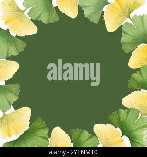 Ginkgo biloba leuchtend grün und gelb Blätter Kranz auf grünem Hintergrund. Hochwertiger handgemalter, detaillierter, strukturierter Aquarellrahmen, perfekt für Stockfoto