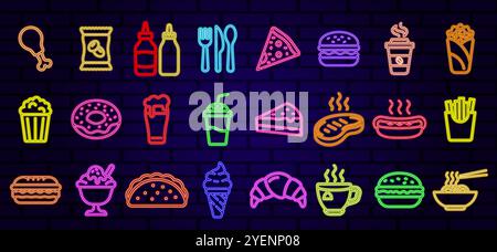 Undefinierte Neon-Food-Ikonen im Vintage-Stil auf hellem Hintergrund. Business, Symbolgruppe. Vektorabbildung. Stock Vektor