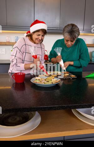 weihnachtskekse dekorieren, ältere Freundinnen in der Küche, zu Hause. Urlaub, Backen, Familie, Haus, Tradition, ältere Patienten Stockfoto