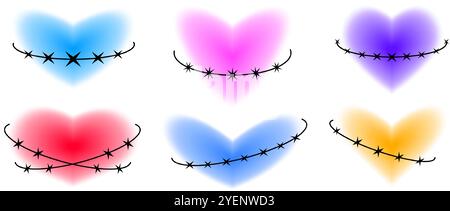Y2K Herzen mit Dornelementen Set. Farbenfrohe Kollektion mit verschwommenem Aura-Design. Verschwommener, glatter Verlauf mit Barthaar für Logo, Vorlage, Abzeichen, Aufkleber, Collage, Symbol. Vektor-verschiedene Herzpackungen Stock Vektor