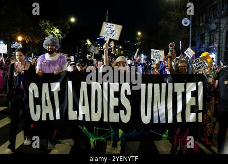 New York, United, Erklärte. 31. Oktober 2024. Die in Kostümen verkleideten Teilnehmer gehen die Sixth Avenue bei der jährlichen Halloween-Parade am Donnerstag, den 31. Oktober 2024 in New York City hinauf. Tausende nehmen an der Parade Teil, bei der traditionelle und nicht traditionelle Kostüme, Tänzer, riesige Marionetten und Musik zu sehen sind. Foto: John Angelillo/UPI Credit: UPI/Alamy Live News Stockfoto
