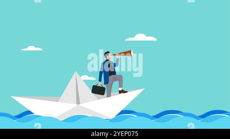 Geschäftsmann segelt auf einem Papierboot, während er mit einem Teleskop nach Geschäftsmöglichkeiten sucht, Geschäftsmöglichkeiten Stock Vektor