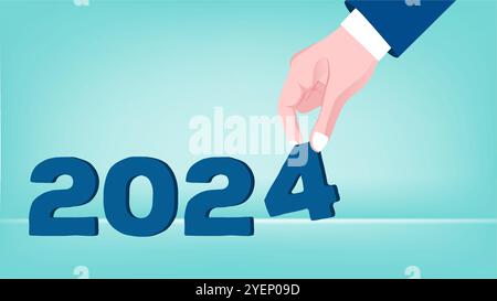 Abbildung „Happy New Years 2024“, Illustration einer Hand, die die Zahlen 2024 anordnet, geeignet für die Feier des neuen Jahres Stock Vektor