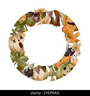 Dieser bezaubernde und farbenfrohe Halloween-Kranz zeigt fröhliche Kürbisse, verspielte Geister und lebendige Herbstblätter. Isolierter runder Rahmen auf weißem Hintergrund für verschiedene Designs und Bedruckungen. Digitale Kunst im Aquarellstil. Stockfoto