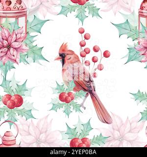 Nahtloses Aquarellmuster - Weihnachtsvogel roter Kardinal, Beeren, rote Laterne, Weihnachtsstern Blumenstrauß mit stechpalmen-grünen Blättern. Anordnung mit Stock Vektor