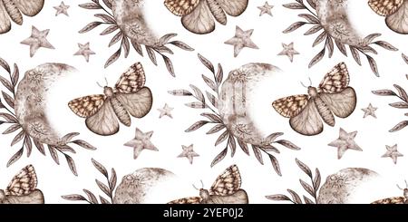 Schmetterlings-, Mond-, Sterne- und Grasmuster in Braun- und Beigetönen Aquarellabbildungen. Kosmischer Körper isoliert vom Hintergrund. Astrologie der Mond-pha Stockfoto