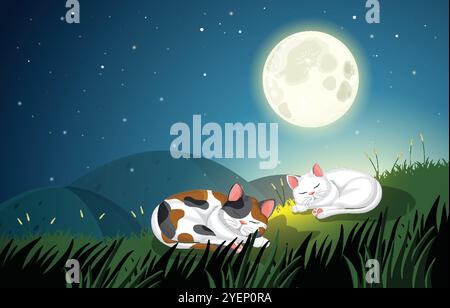 Zwei Katzen, die sich unter einem hellen Vollmond ruhen Stock Vektor