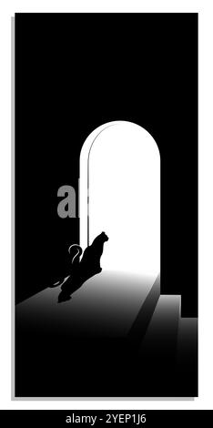 Die schwarze Hauskatze sitzt an der offenen Tür und wartet auf den Besitzer. Silhouette einer Katze auf minimalistischem Hintergrund. Abbildung des vertikalen Vektors in Schwarzweiß Stock Vektor