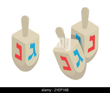 Isometrisches Hanukkah jüdisches symbolisches Holzspielzeug mit Buchstaben des Alphabets zum Drehen. 3D-Vektor isoliert auf weißem Hintergrund Stock Vektor
