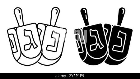 Lineares Symbol. Hanukkah jüdisches symbolisches Holzspielzeug mit Buchstaben des Alphabets zum Drehen. Einfacher Schwarzweiß-Vektor isoliert auf weißem Hintergrund Stock Vektor
