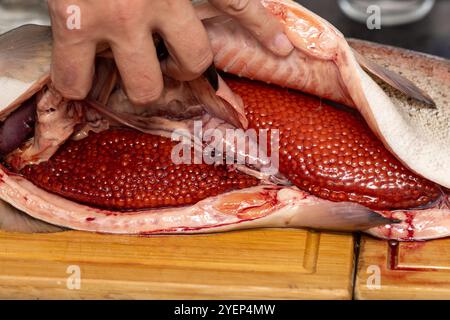 Entkernte Forelle mit Kaviar. Der Mann schlachtete den Fisch und nahm den roten Kaviar heraus Stockfoto