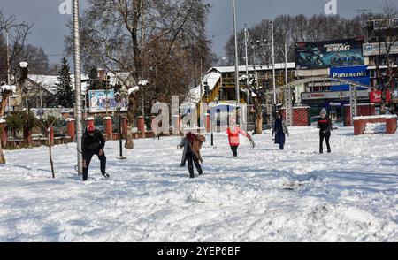 In Srinagar, der Sommerhauptstadt des indischen Kaschmirs, fällt am 4. Januar 2019 starker Schnee. Der starke Schnee begann am Nachmittag in Srinagar und innerhalb einer halben Stunde war die Stadt von einer weißen Schneedecke bedeckt, die das normale Leben störte und es schwierig machte, sich in verschiedenen Teilen der Stadt zu bewegen. Der starke Schneefall betraf auch mehrere Ebenen und hügelige Gebiete des Kaschmir-Tals und störte den Luft- und Straßenverkehr mit der Annullierung mehrerer Flüge am Flughafen Srinagar sowie der Sperrung der Autobahn Srinagar-Jammu Stockfoto